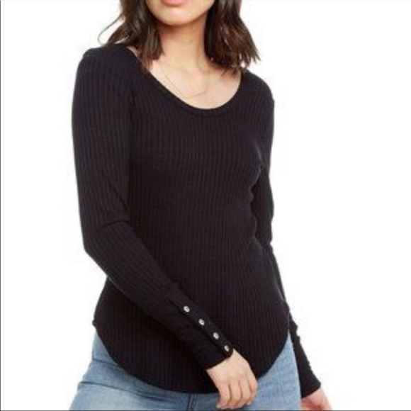 ⭐️ Chaser Black Button Cuff Waffle Weave Thermal Long Sleeve Scoop Neck SMALL - Picture 2 of 10